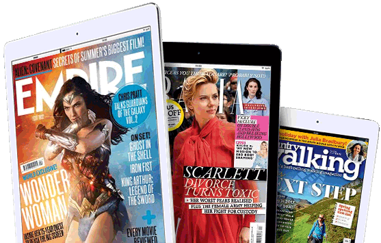 Digital editions of Empire, Grazia, and Country Walking magazines displayed on tablets