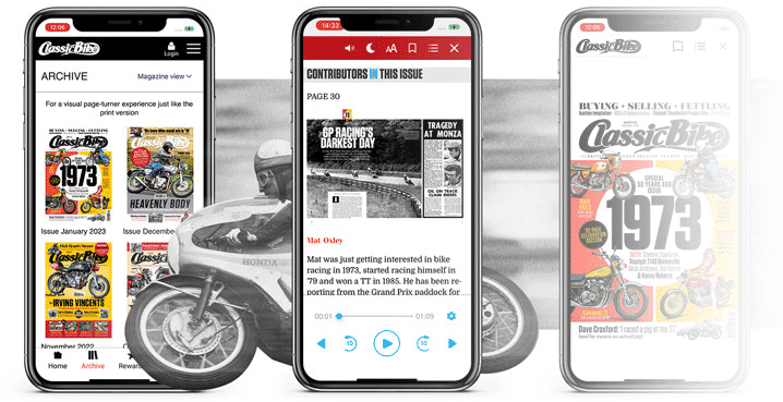 Classic Bike digital magazine displayed on mobile screens, showing archive issues and articles about motorbike racing history